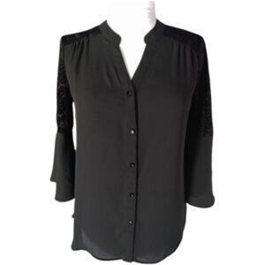 NY Collection Black Button-Down Blouse with Lace Bell Sleeves